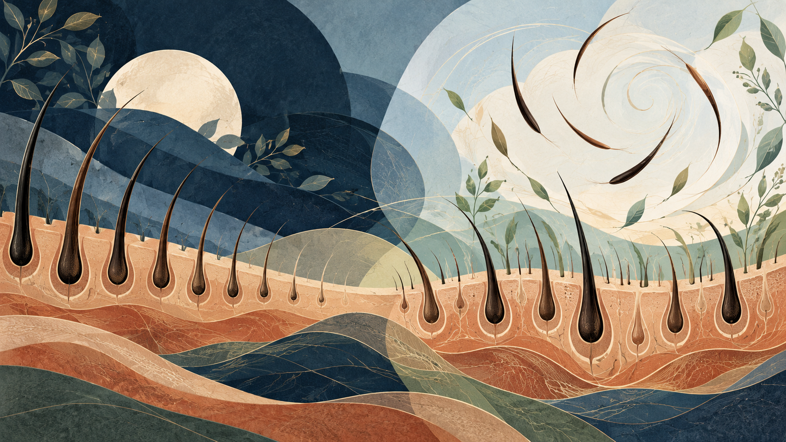 Editorial illustration contrasting pattern hair thinning and diffuse hair shedding with hair follicle motifs.
