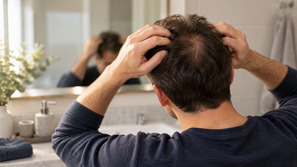 Man checking hair thinning at the crown in a mirror